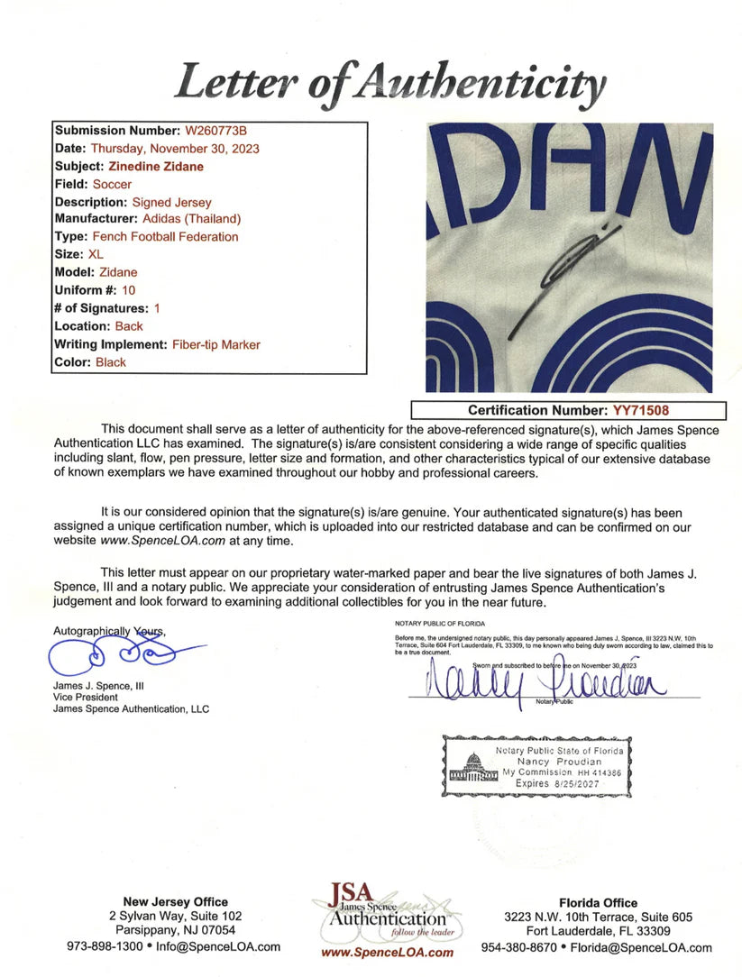Away France 2006 FIFA World Cup Final Jersey Signed by Zinedine Zidane – JSA Certified